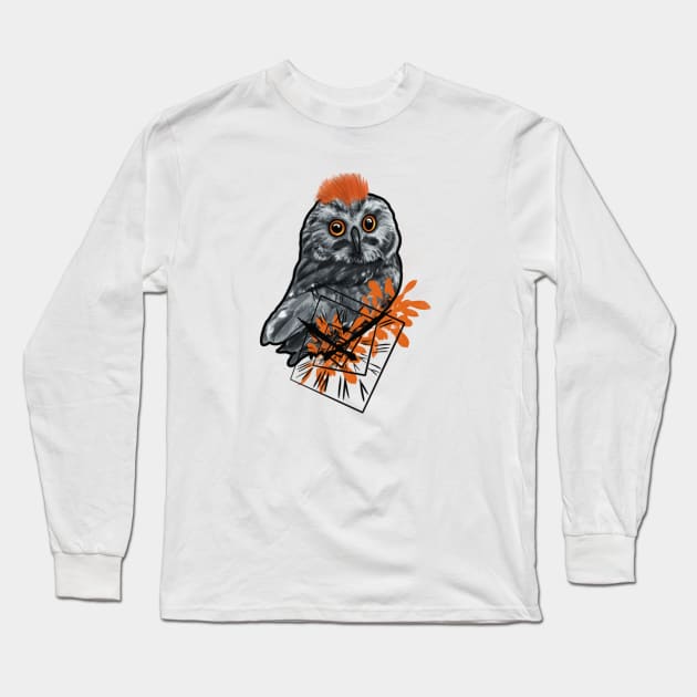 Owl Clock Orange & Grey Color Art Long Sleeve T-Shirt by Print Art Station